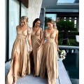 Robe Demoiselle D'honneur Sexy Slit Champagne Gold Bridesmaid Dresses Long Satin V Neck Formal Prom Party Gown BM0141