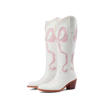 Women's white over-the-knee cowboy boots with bow