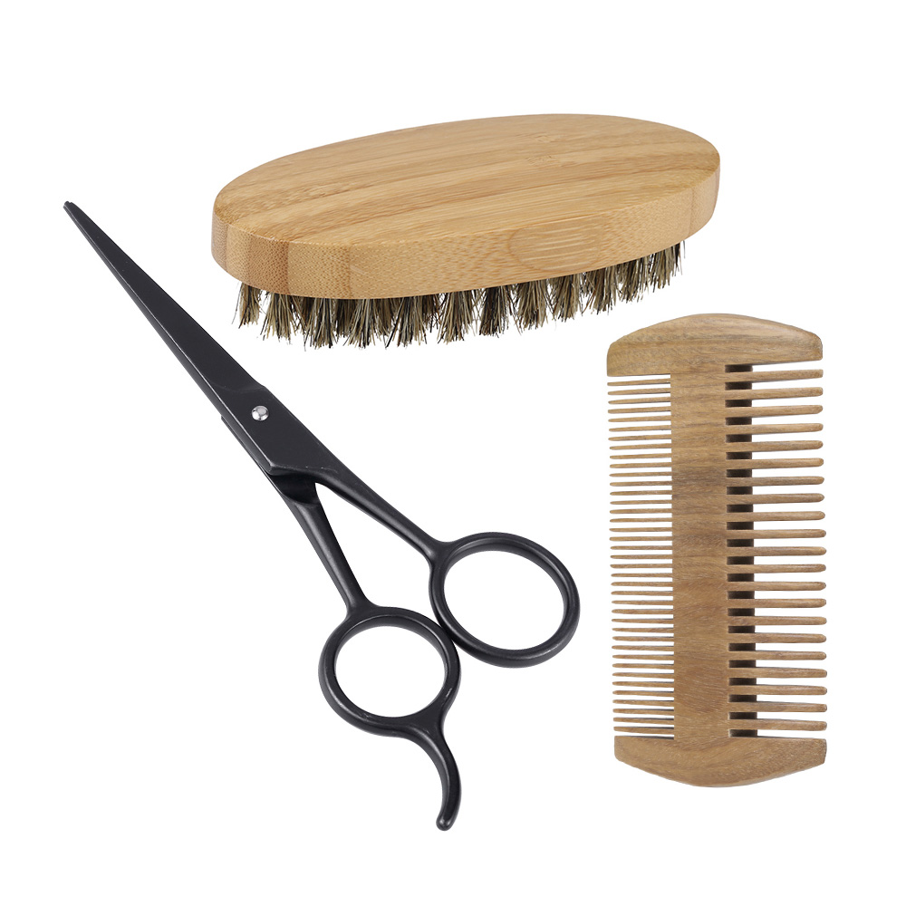 3Pcs/set Boar Bristle Men's Shaving Brush Beard Comb Scissor Kit Male Face Cleaning Beard Brush Shaving Scissor Hair Brush Set