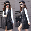 Aelegantmis High Quality Plus Size 4XL PU Leather Women's Vest Long Trench Coat Female Sleeveless Waistcoat Faux Leather Blazer