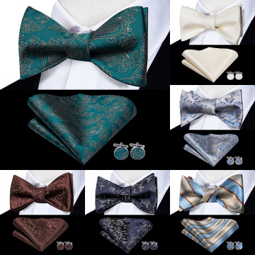 Hi-Tie Classic Butterfly Self Bow Tie Green Christmas Bow Ties for men Pocket Square Cufflinks Fashion Silk Wedding Bow Tie Set