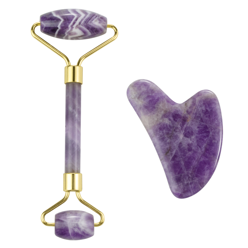 Natural Amethyst Face Roller Scrapin Tool Set Face Neck Massage Stone Jade Roller Slimming Fight Wrinkles Cellulite Beauty Tools