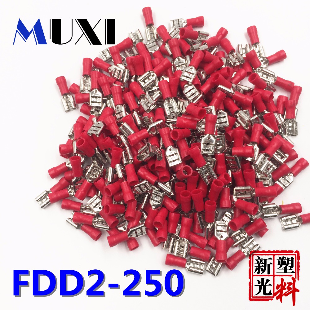 FDD2-250 Female Insulated Electrical Crimp Terminal for 1.5-2.5mm2 Connectors Cable Wire Connector 100PCS/Pack Red