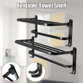 Xueqin 490/590mm Alumimum Black Foldable Towel Holder Towel Shelf Wall Mounted Bathroom Towel Rack Storage Hanger Shelf