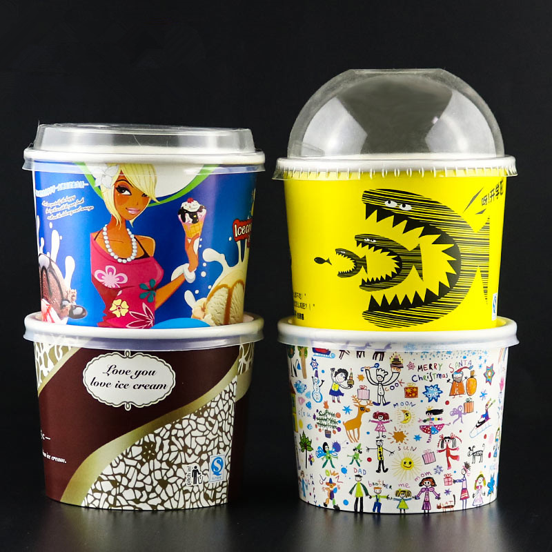 50pcs Disposable ice cream paper bowl thickening 300ml cartoon big salad fried yogurt bowl soup food paper cup with lid