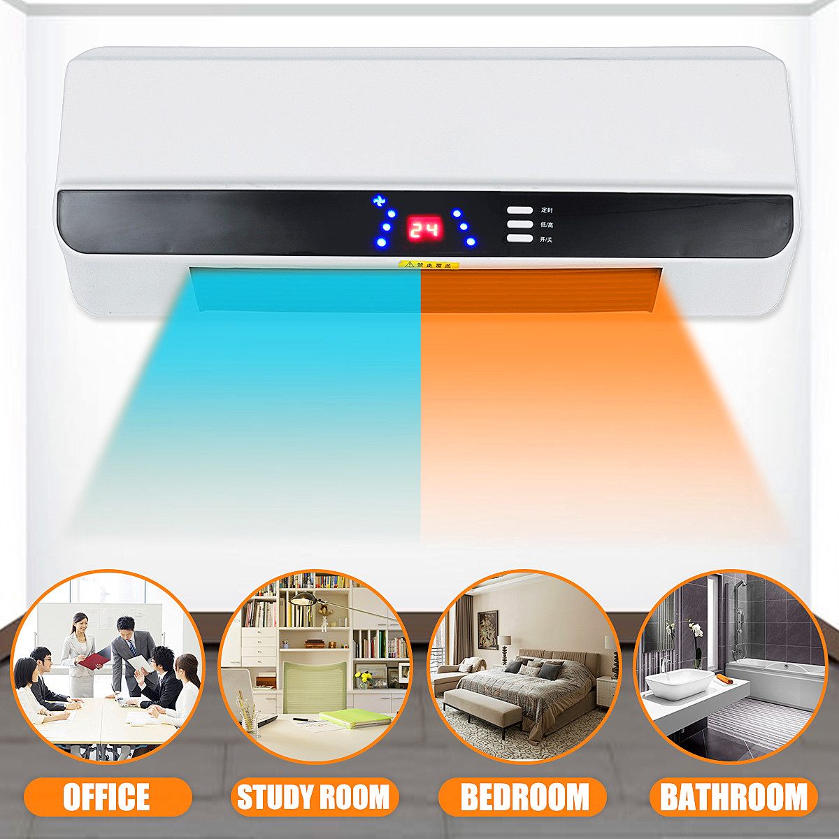 Wall Mounted Air Conditioner LED Display Electric Heater Fan Household PTC Remote Control Timer Waterproof 3 Gear Warmer 220V