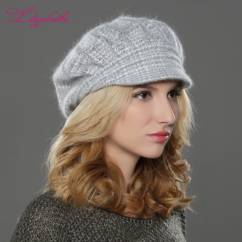 LILIYABAIHE NEW Style Women Winter hat brim hat knitted wool angora hat Geometric mink flower decoration cap Double warm hat