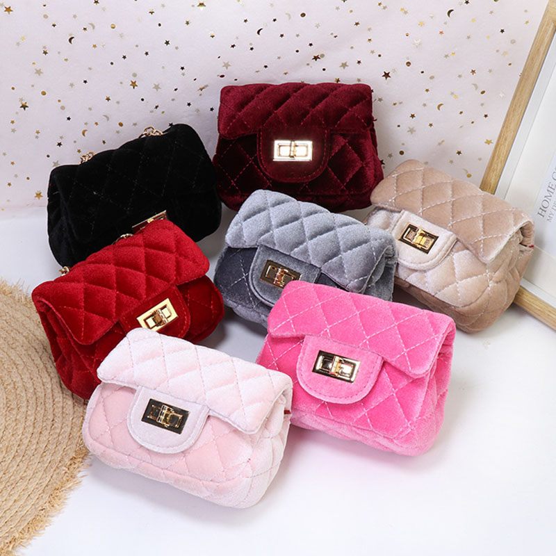 Children Mini Shoulder bag Hot pink Velvet HandBag High End PU Party Kid Evening Party Purse Popular winter children's bag