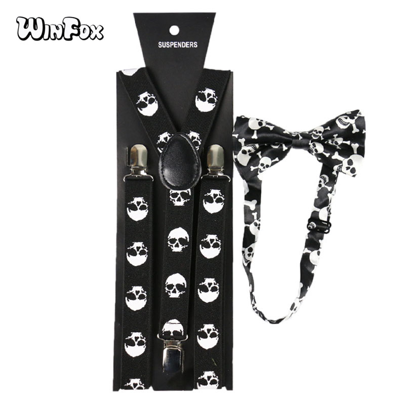 Winfox Vintage Black White 2.5cm Wide Skull Suspenders Bowtie Brace Women Men