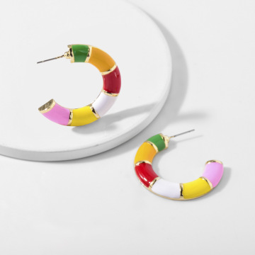 New Design Women Multicolor Enamel Metal C-shaped Earrings Trendy Geometric Statement Stud Earring Girls Party Fashion Jewelry