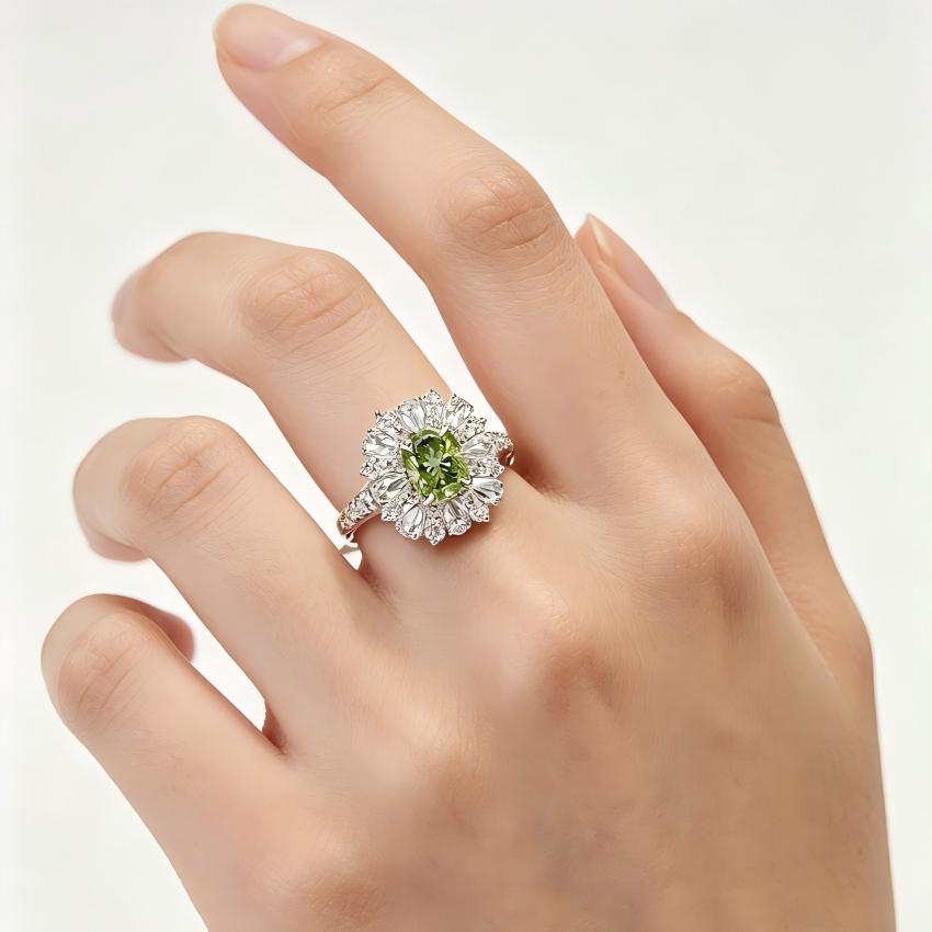 Detachable green cushion floral halo pendant head beside its 18K white gold ring base
