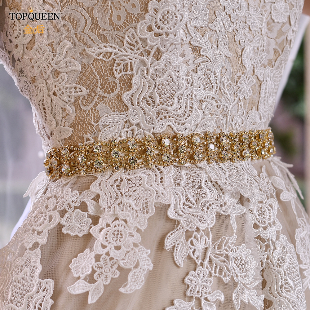 TOPQUEEN S414-G Golden Wedding Belt Diamond Handmade Rhinestone Belt Gold Bridal Belt for Women Alloy Sash Faja for Dress Belt