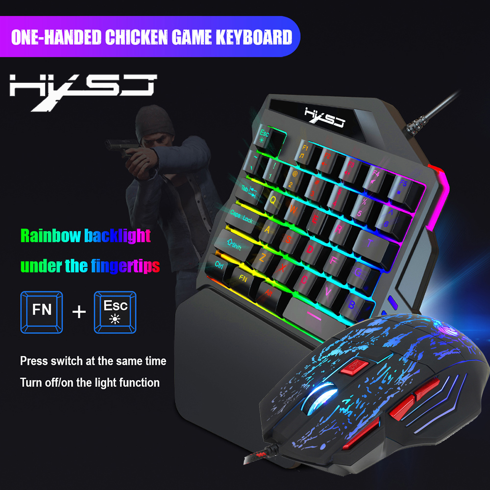 HXSJ J50 One-Handed Gaming Keyboard 35 Keys LED Backlight Wired Gaming Mouse with Breathing Light 7 Button Keyboard Mouse Combo