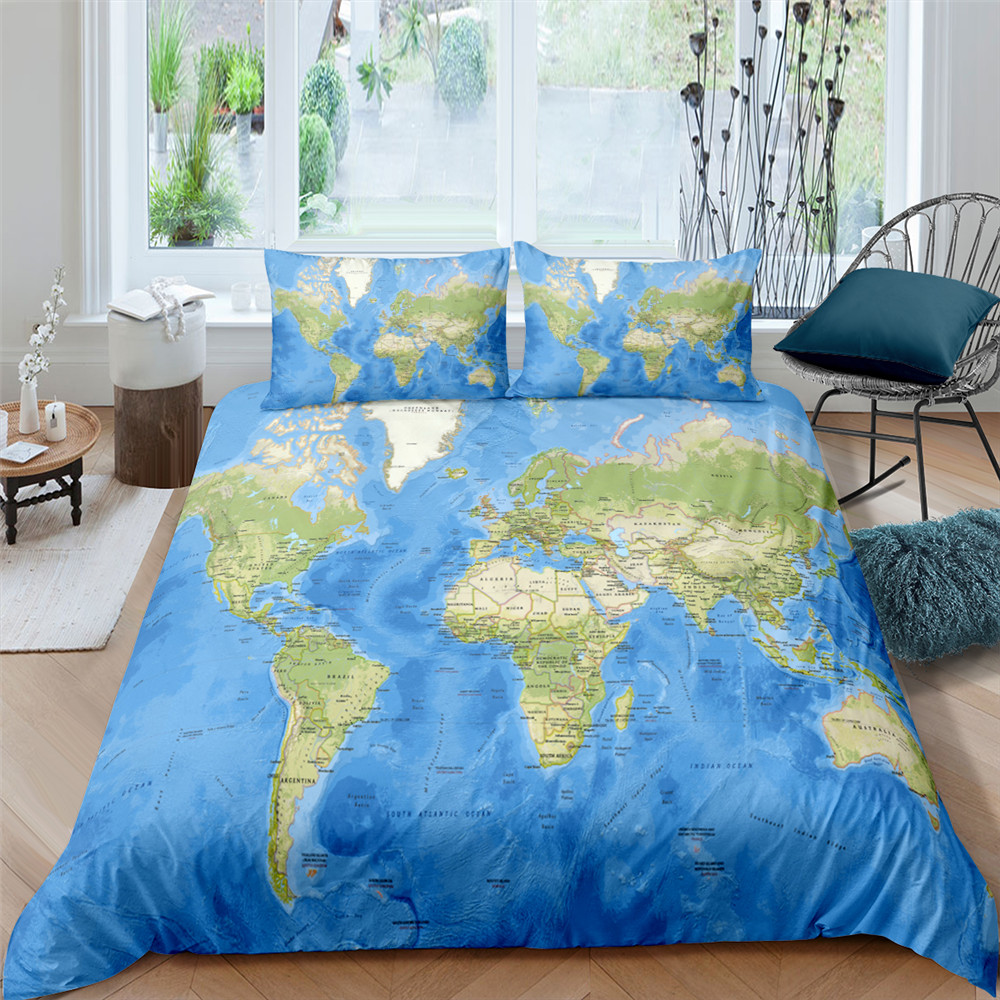 3D World Map Bedding Set Printed Cartoon Duvet Cover King Queen Size Bed Linen Comforter Cover Set 3Pcs Bedclothes King Size