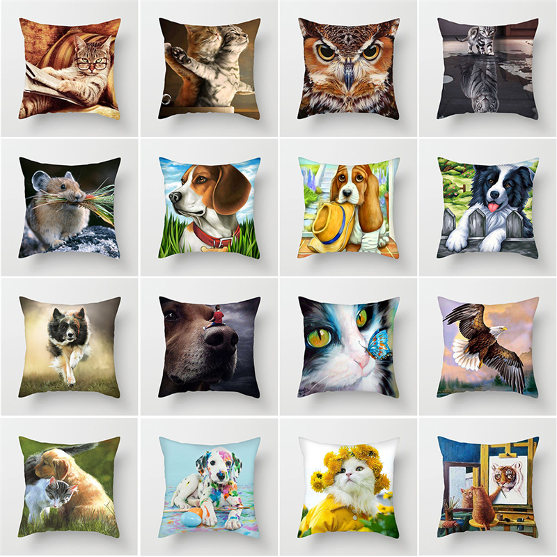 Fuwatacchi Cute Animals Cushion Cover Cat Pillow Cover Dog Throw Pillowcase for Sofa Home Chair Decor Decorative Pillows 45*45cm