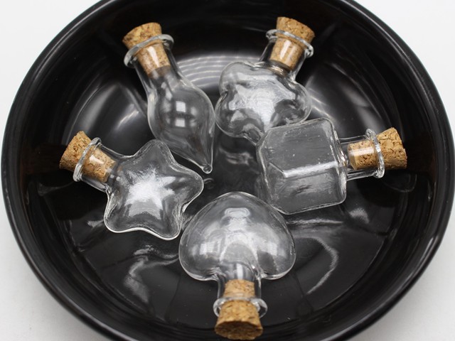10 Assorted Mini Empty Glass Bottle Vials Cork Charm Pendants Wish Bottles