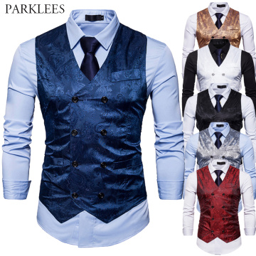 Men's Gentleman Formal Slim Fit Double Breasted Dress Suit Vests 2018 Fashion Paisley Print Men Vest Waistcoat Colete Masculino