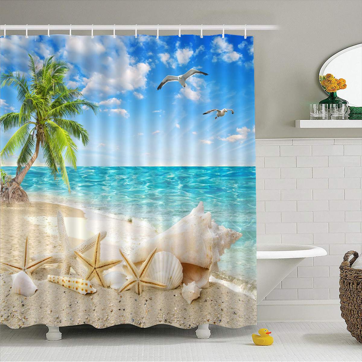 Sea Tree Summer Beach Printed Pattern Bathroom Shower Curtain Pedestal Rug Lid Toilet Cover Mat Non-Slip Bath Mat Carpet Set