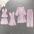 Sexy Women pajamas 5 Pieces Satin Pajama Set Female Lace Pyjama Sleepwear Home Wear Silk Sleep Lounge Pijama with Chest Pads