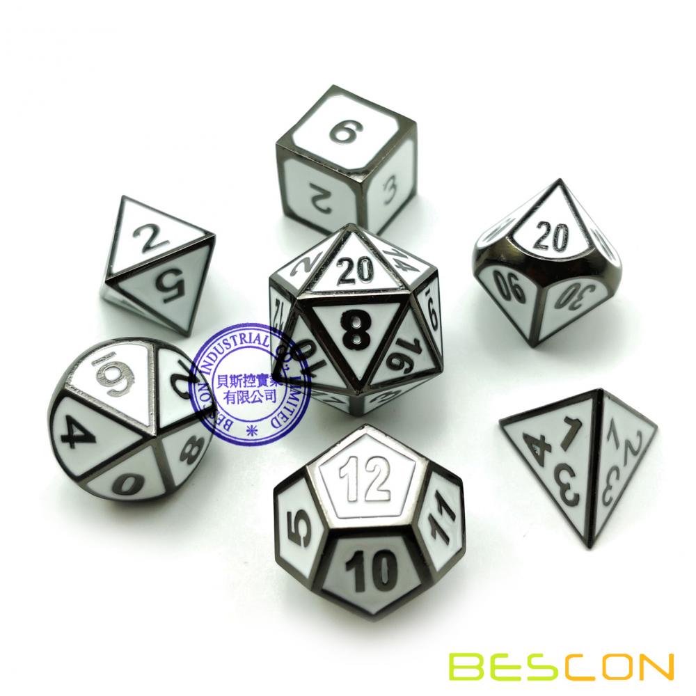 Bescon Deluxe Glossy Black and Elegant White Enamel Solid Metal Polyhedral Role Playing RPG Game Dice Set of 7