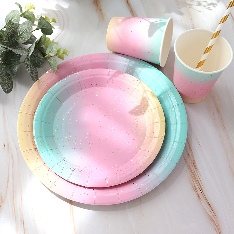 30pcs/lot Bronzing rainbow paper plate paper cup for wedding party tableware disposable birthday paper cake plate supplies