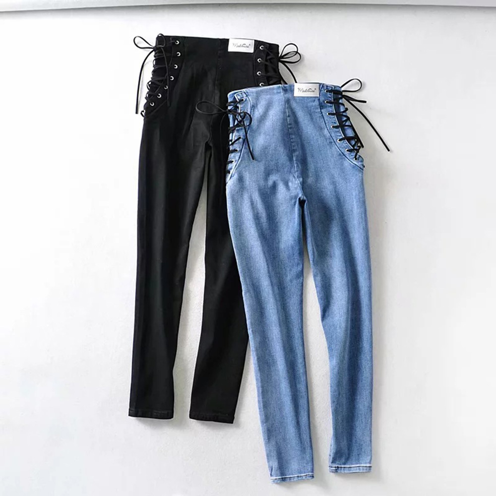 High Waist Sexy Side Tie-Rope Legging Pencil Pants Hips Tight Slim Blue Black 2020 Women's Jeans