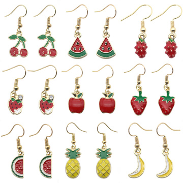 Small Fresh Fruit Pendant Earrings Strawberry Watermelon Banana Cherry Apple Pineapple Shape Female Jewelry Select Direct Sales