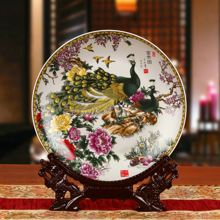 POTTERY ENAMEL COLORED PEONY PEACOCK RESTAURANT LIVING ROOM DECORATION DISH BACKGROUND DECORATION DISPLAY WEDDING GIFT