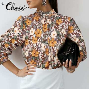 Women Tops and Blouses Vintage Flower Printed Bohemian Shirts Celmia 2021 Autumn Long Sleeve Stand Collar Casual Blusas Femme