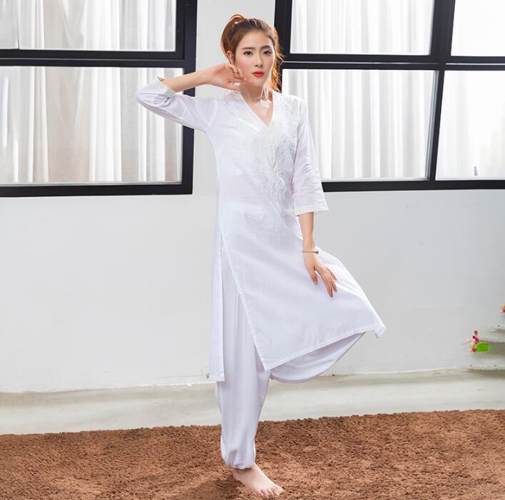 India Traditional Woman Yoga Costume Cotton Hand-made Embroidery Kurtas Thin Kundalini White Top