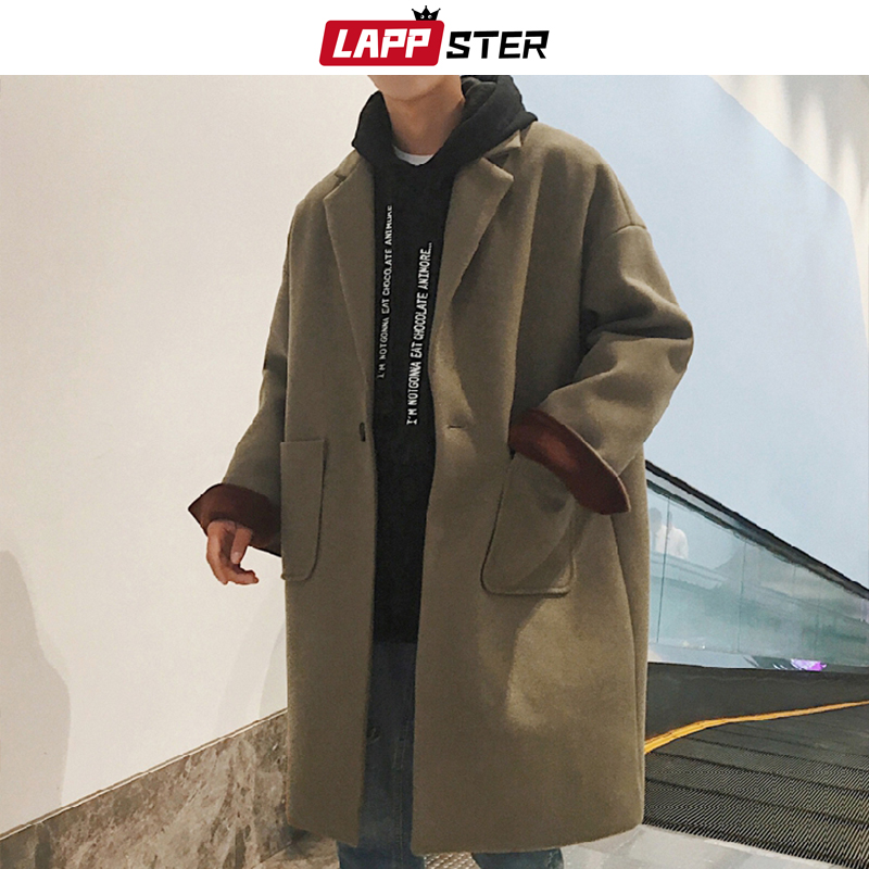 LAPPSTER Men's Winter Coat Vintage Woolen Overcoat 2020 Mens Japanese Streetwear Pockets Wool Coats Male Korean Long Jacket Coat