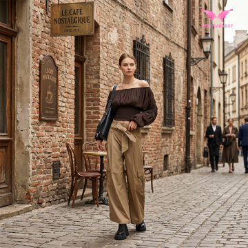 Tie-Waist Relaxed Cargo Straight-Leg Pants
