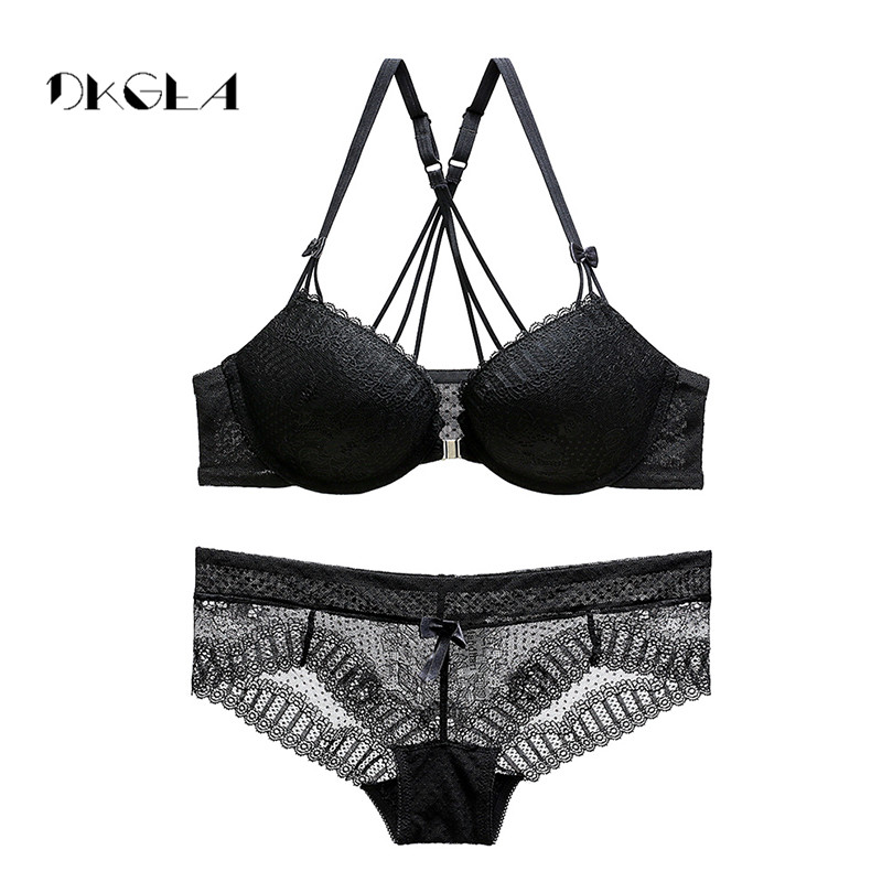 New Arrivals Front Closure Bras Lace Embroidery Gathering Underwear Set Women Sexy VS Lingerie Black Thick Push Up Bra Set