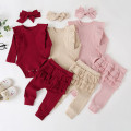(0-2Y) Baby Suit Winter Long Sleeve Simple Solid Color Hanging Striped Top + Solid Color Hanging Striped Pants + Hair Band Set 5