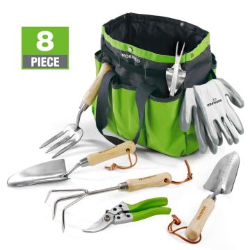 WORKPRO 8PC Garden Tools Set Stainless Steel Heavy Duty Wooden Handle Tote Gloves Trowel Hand Weeder Cultivator Included