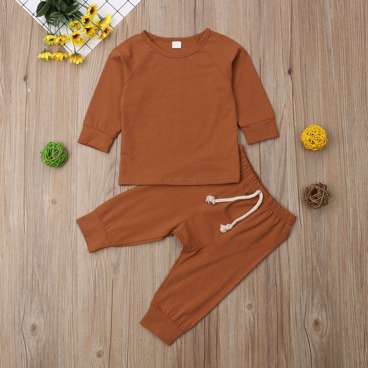 Casual Newborn Baby Boy Girl Solid Color Long Sleeve Cotton T-shirt Tops Long Pant 2PCS Homewear Baby Clothing Set