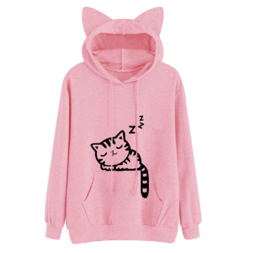 Harajuku Women Hoodies Sweatshirt Kawaii Pink Winter Cat Pattern Long Sleeve Moletom Hooded Sweatshirts Ear Hooed Mujer 2020