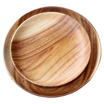 2Pcs Round Wood Plate Whole Acacia Wood Fruit Dishes Wooden Saucer Tea Tray Dessert Dinner Breakfast Plate Tableware Set