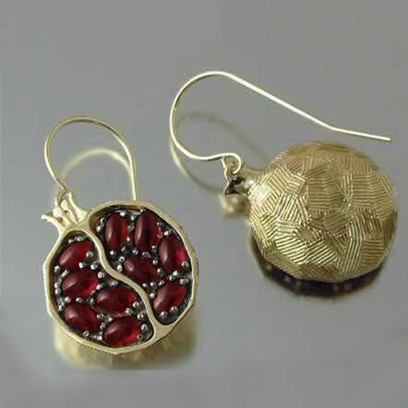 Vintage Fruit Fresh Red Garnet Earrings Pendant Necklace Gold Color Resin Stone Pomegranate Jewelry Gift For Women Gifts Z5M269