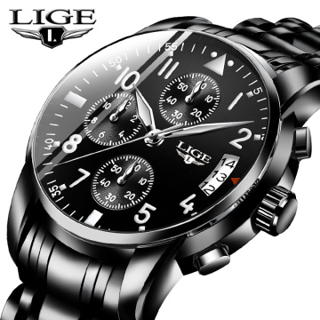 LIGE Mens Watches Top Brand Luxury Fashion Business Quartz Watch Men Sport All Steel Waterproof Black Clock erkek kol saati+Box