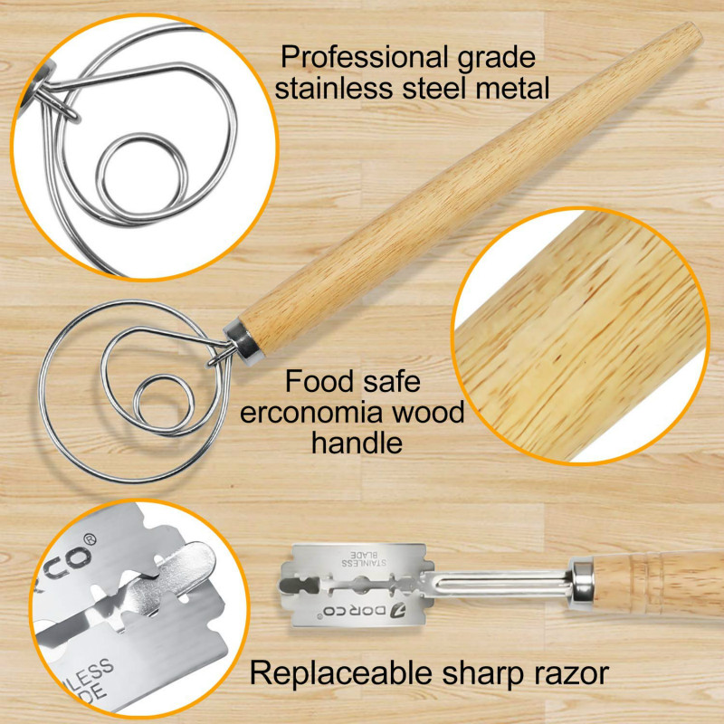 13.5 Inch Stainless Steel Danish Dough Whisk and Bread Lame Best Dough Scoring Tool Cake Tools for Artisan Homemade Bread