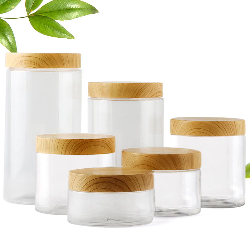 Clear Plastic Jar Lids Wood Color Empty Cosmetic Containers Makeup Box Travel Bottle 30ml 50ml 60ml 80ml 100ml 120ml 250ml 500ml