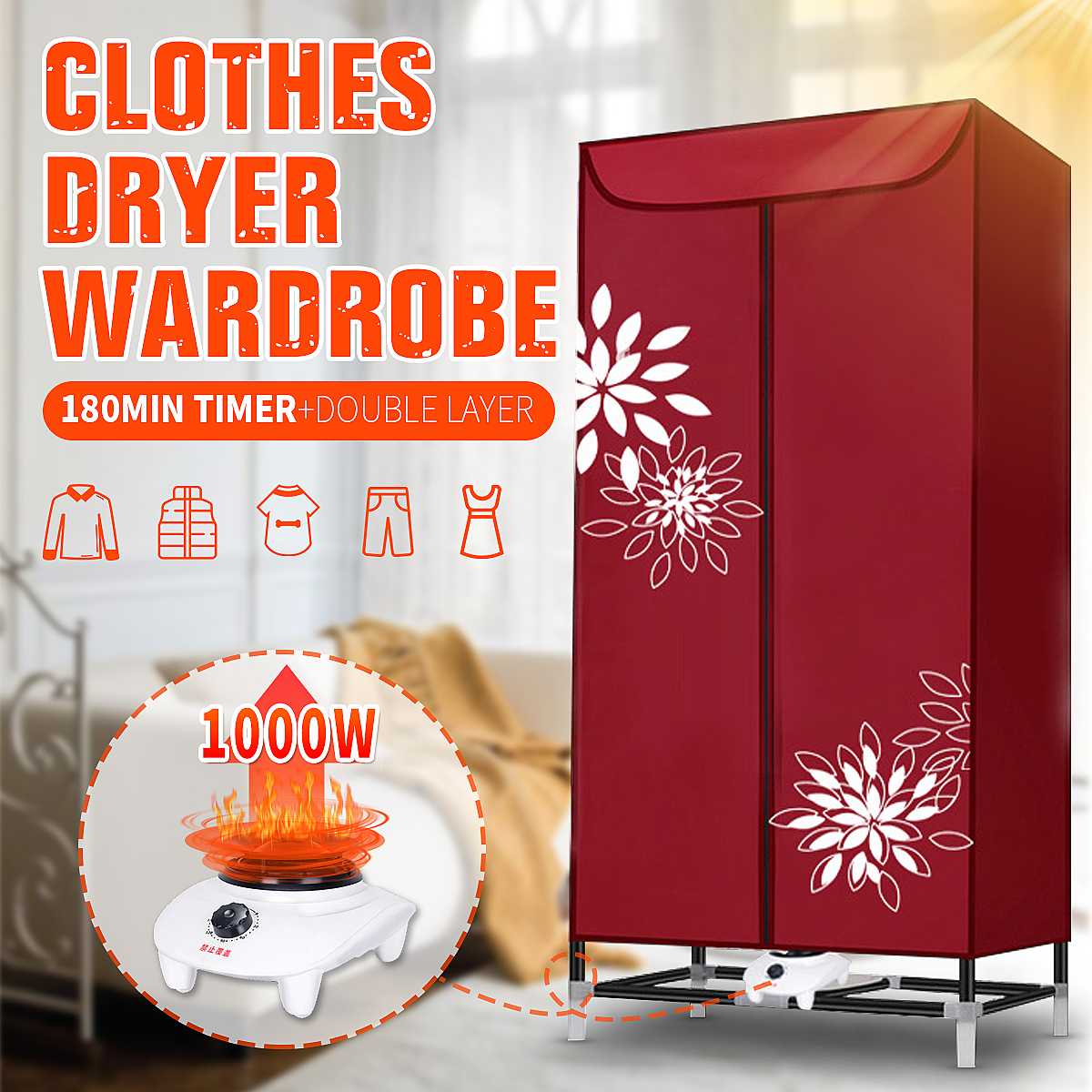 1000W Electric Cloth Dryer Household Portable Cloth Shoes Boots Dryer Power Motor Drying Warm Wind Laundry Garment 180 min Timer