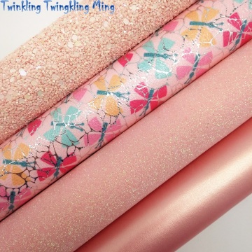 Peach Chunky Glitter Leather, Butterfly Printed Faux Fabric, Metallic Synthetic Leather For Bow A4 21x29CM Twinkling Ming KM090