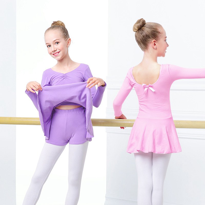 Girls Child Ballet Dance Dress Cotton Long Sleeve Ballet Leotard Dance Clothes Training Dancewear Girls Round-neck Ballet Dress