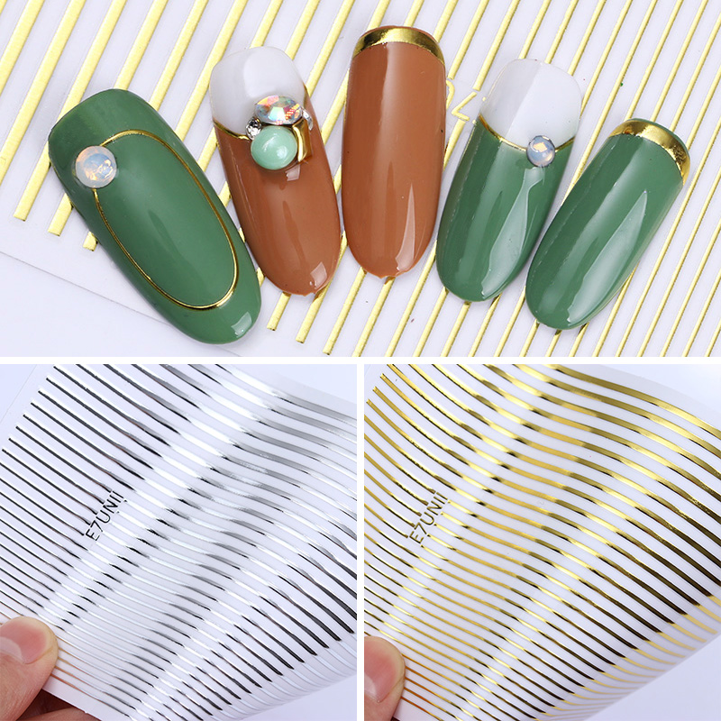 Gold 3D Nail Sticker Curve Stripe Lines Nails Stickers Gradient Adhesive Striping Tape Nail Foil Nail Art Stickers Decals Silver