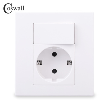 Coswall PC Panel EU Russia Spain Wall Socket + 16A 1 Gang 1 Way On / Off Rocker Light Switch White Color Modular 86*86mm