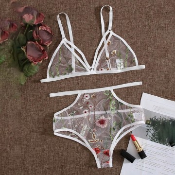 Flower Leaf Embroidery Lingerie Set Women Transparent Lace Sheer Mesh Bra Panties Set Hollow Out Sexy Underwear Enceria Erotica