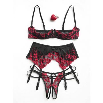 Lovers' Underwear Lace Seductive Women Hollow Out Chest Ultra-thin Underwire Bra Panty Garter Lingerie Set Intimate Clothes