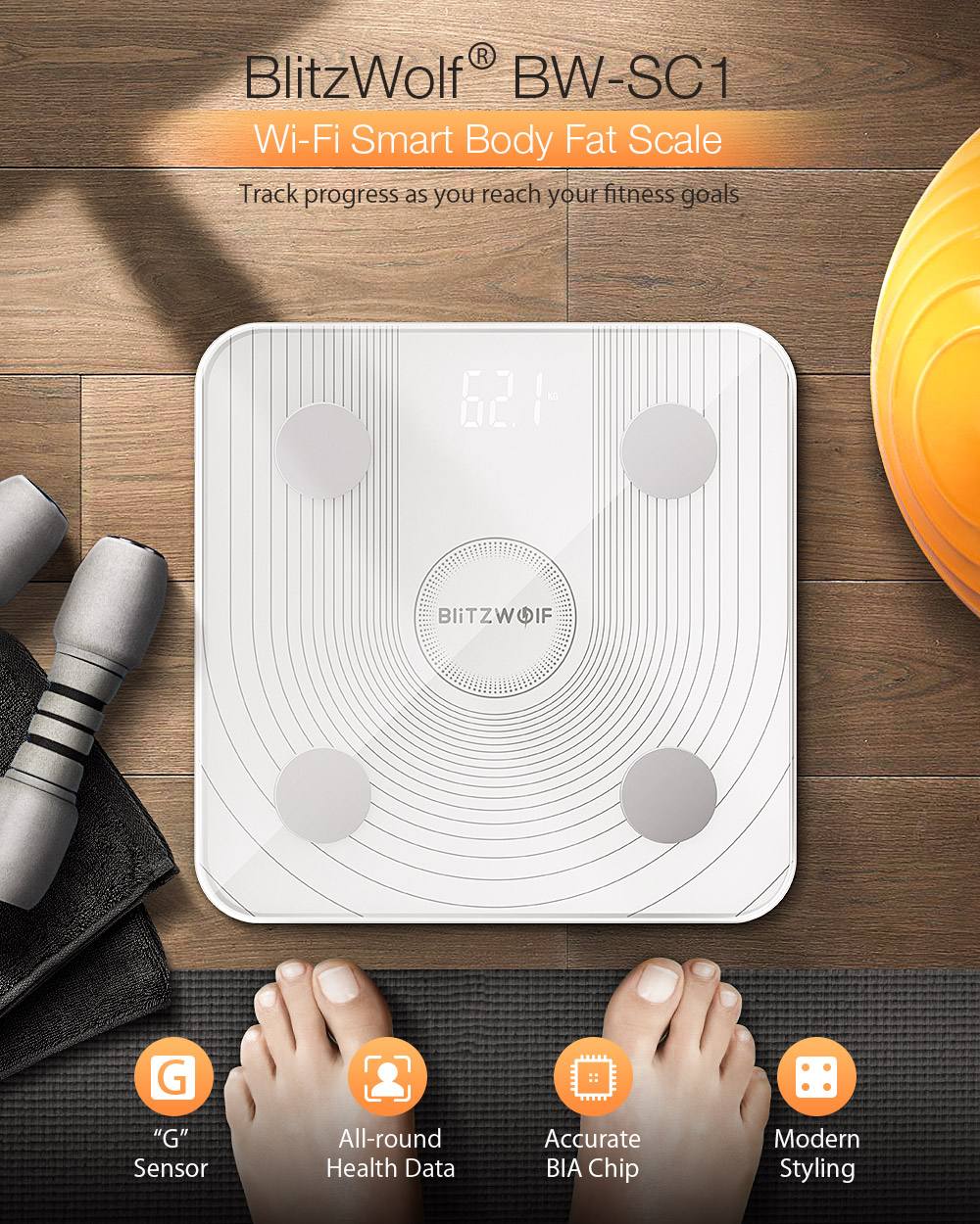 BlitzWolf 2.4GHz WiFi Smart Body Fat Scale APP Remote Bathroom Scale BMI Data Analysis with 13 Body Metrics Digital Weight Scale